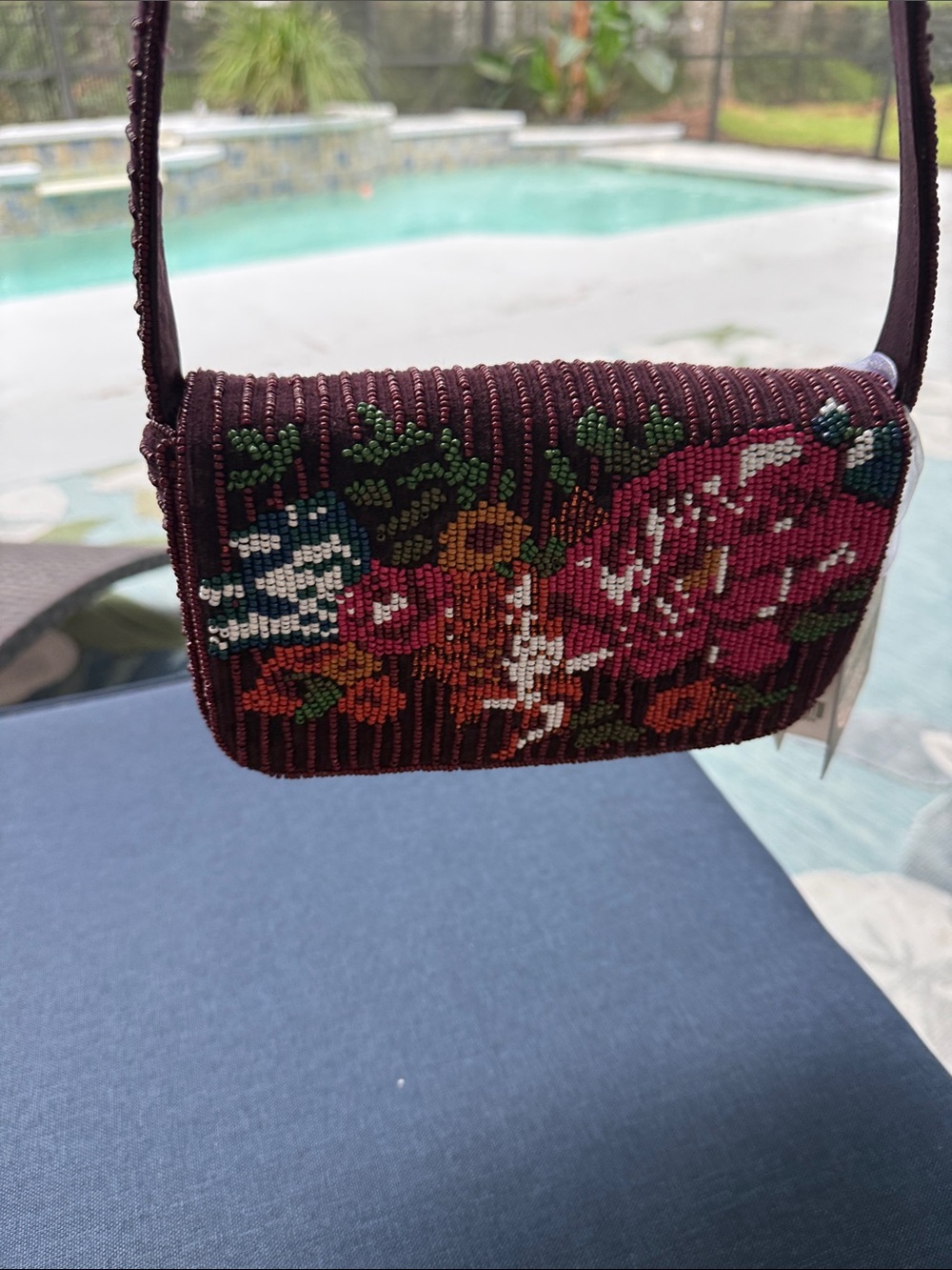 Beaded Floral Mini Crossbody Bag - Burgundy